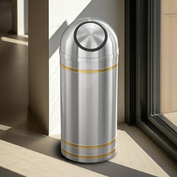 Capri Waste Receptacle with Self-Closing Dome-Top in Satin Aluminum 