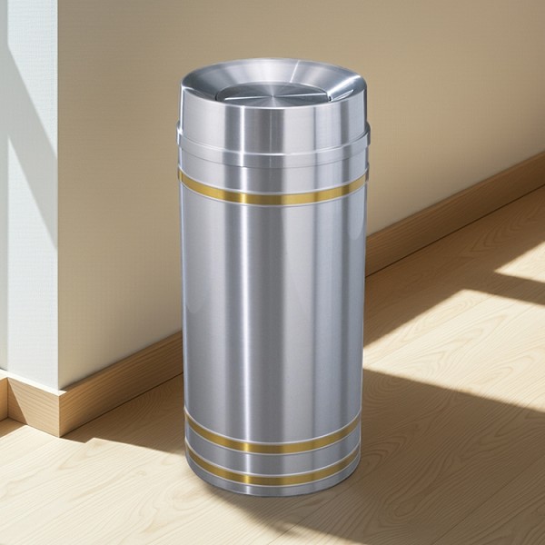 Capri Waste Receptacle with Tip-Action Top in Satin Aluminum with Satin Brass Bands 