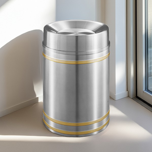 Capri Waste Receptacle with Tip-Action Top in Satin Aluminum with Satin Brass Bands 