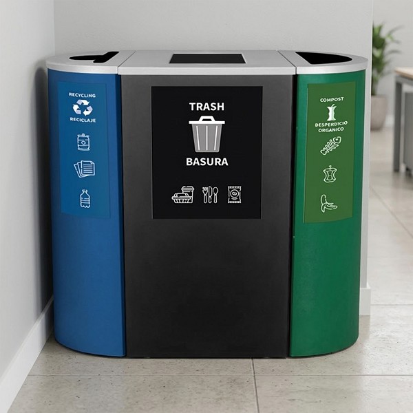 Kaleidoscope Half Round 3-Stream Staiton with Adhesive Vinyl Bin Signs | Denver Compliant 